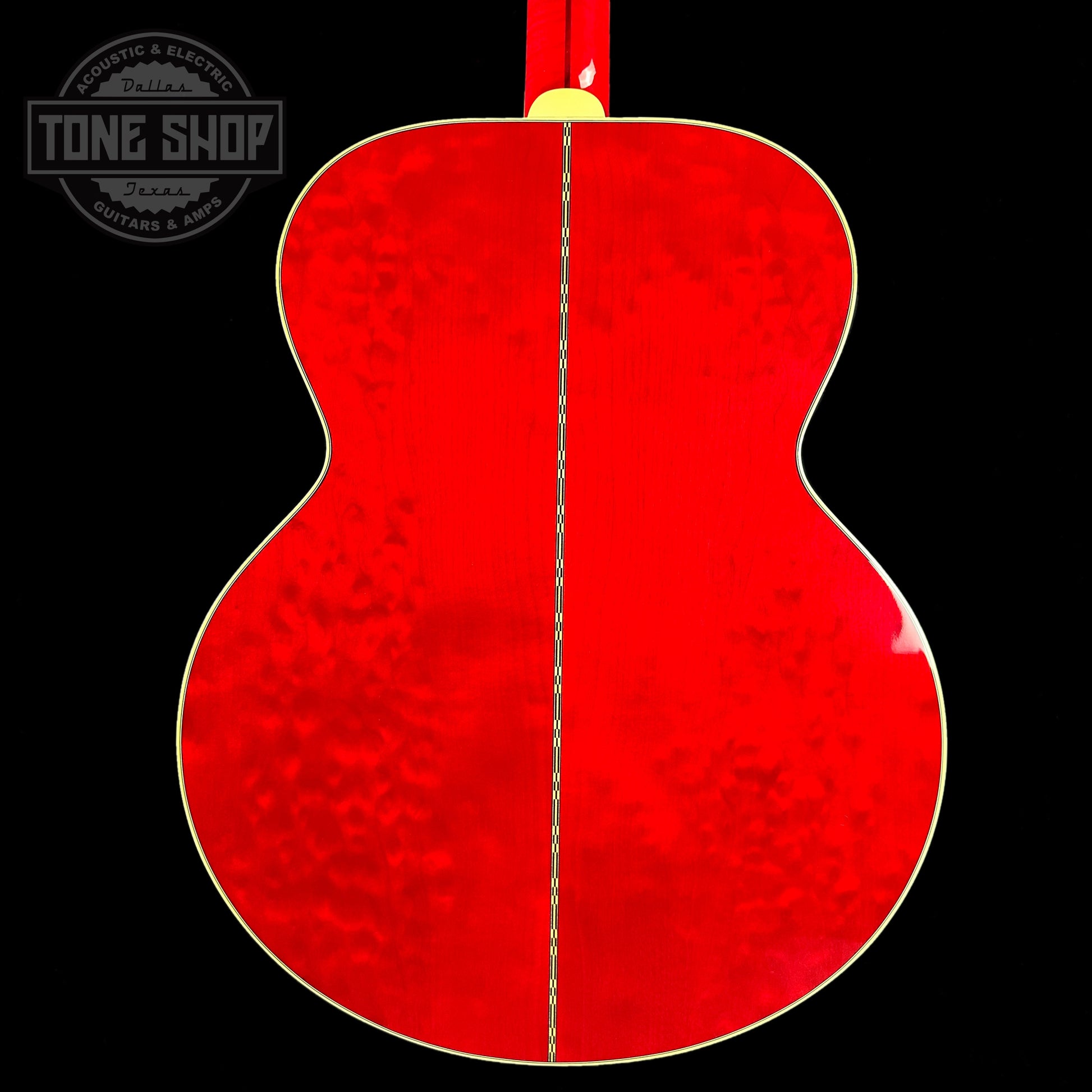 Back of body of Gibson Custom Shop M2M SJ-200 Original Cherry Quilt back and sides.
