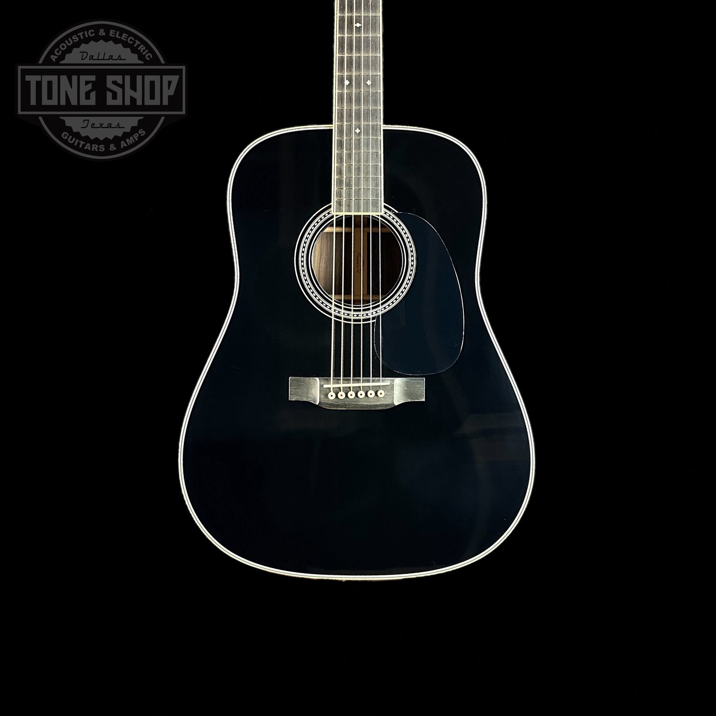 Front of body of Martin Custom Shop 28 Style Dread Black.