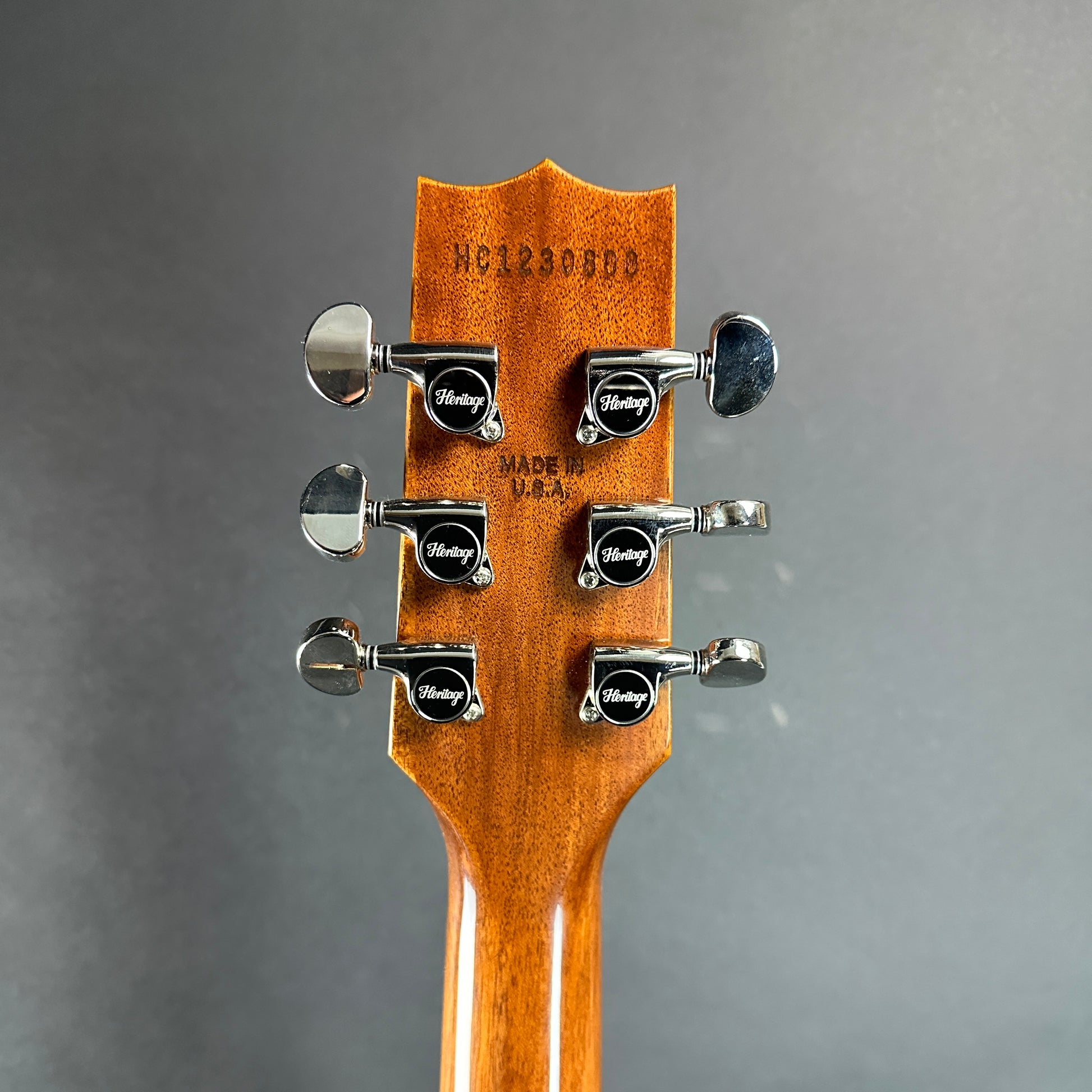Back of headstock of Used Heritage H-150CC Cadillac Green.