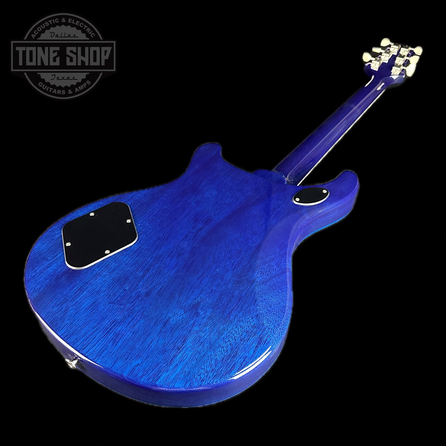 Back angle of PRS S2 McCarty 594 Flame Top Makena Blue.