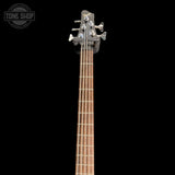 Headstock of Used Squier by Fender MB-5 Modern Bass Black Cherry Burst.