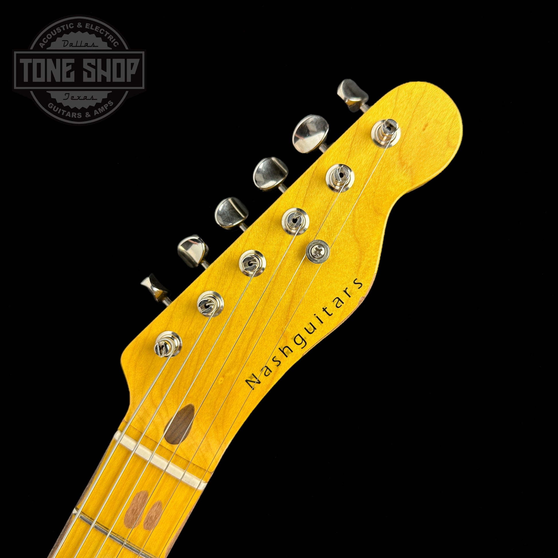 Front of headstock of Nash T-52 Butterscotch Blonde Ash/Mp Medium Aging.