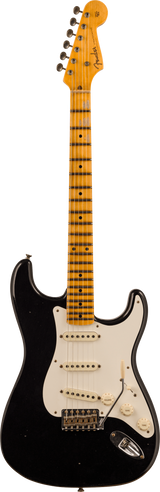 Full frontal of Fender 1956 Stratocaster Journeyman Relic Maple Neck Aged Black.