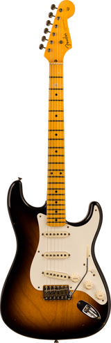 Full frontal of Fender 1956 Stratocaster Journeyman Relic Maple Neck Wide-Fade 2-Color Sunburst.