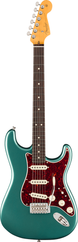 Full frontal of Fender American Professional Classic Stratocaster Rosewood Faded Sherwood Green Metallic.