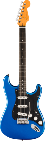 Full frontal of Fender American Ultra II Stratocaster Noble Blue Ebony.