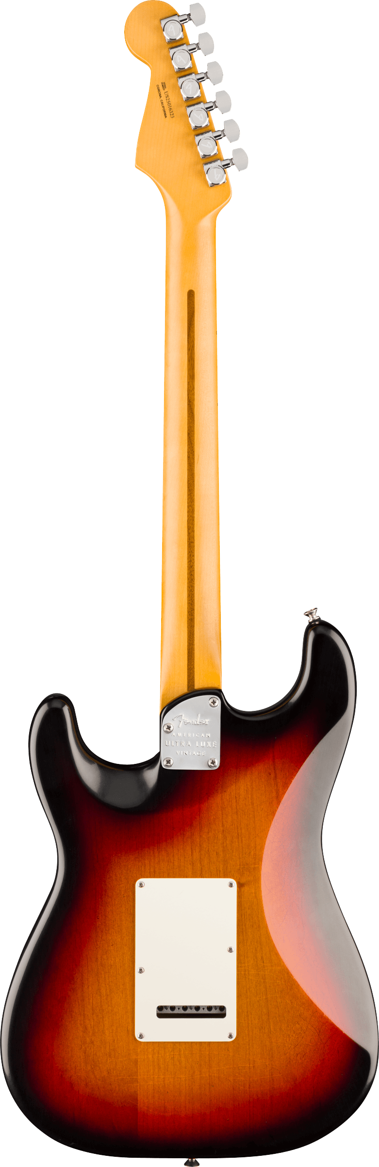 Back of Fender American Ultra Luxe '50s Stratocaster Maple 3-Color Sunburst.