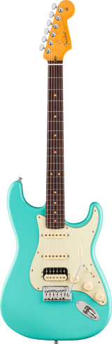 Full frontal of Fender American Ultra Luxe '60s Stratocaster HSS Rosewood Sea Foam Green.