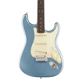 Full frontal of Fender American Ultra Luxe '60s Stratocaster Rosewood Ice Blue Metallic.