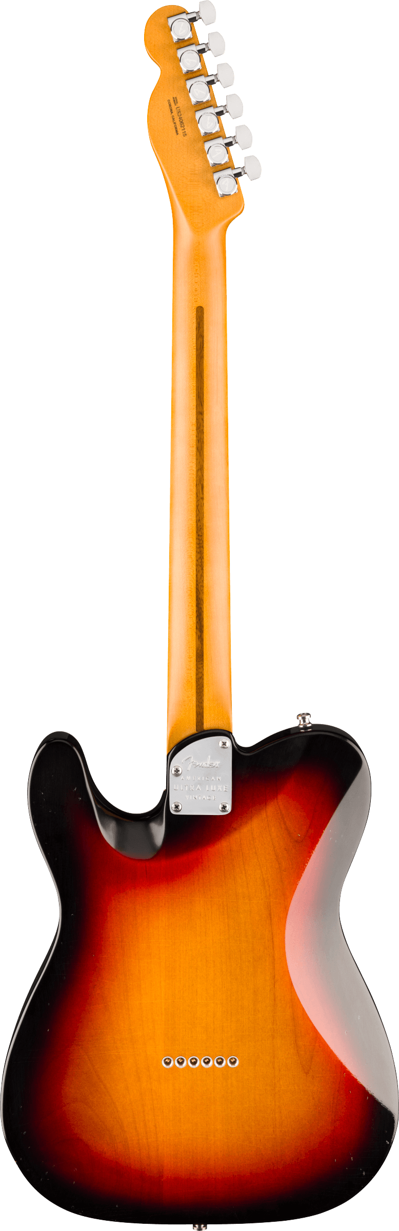 Back of Fender American Ultra Luxe '60s Telecaster Custom Rosewood 3-Color Sunburst.