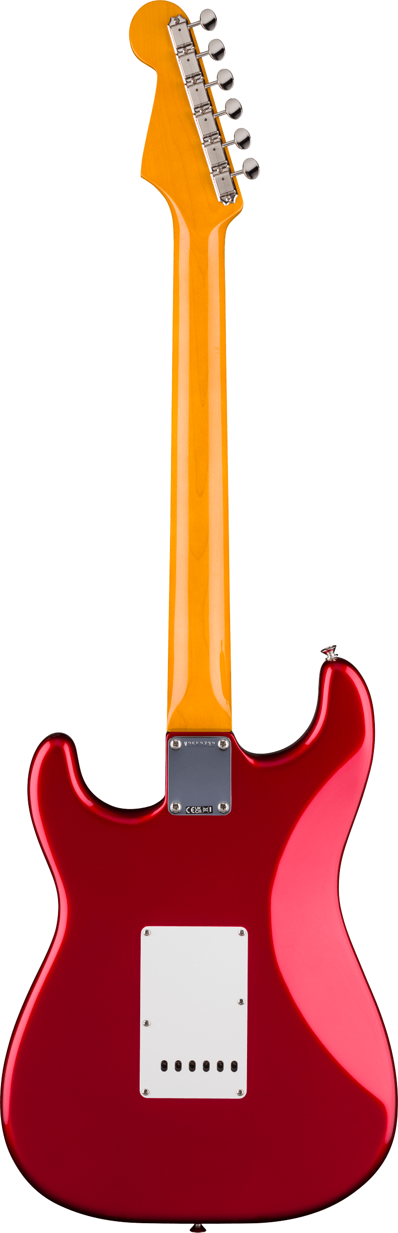 Back of Fender American Vintage II 1965 Stratocaster Round-Lam RW Candy Apple Red.