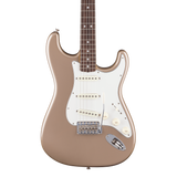 Front of Fender American Vintage II 1965 Stratocaster Round-Lam RW Shoreline Gold.