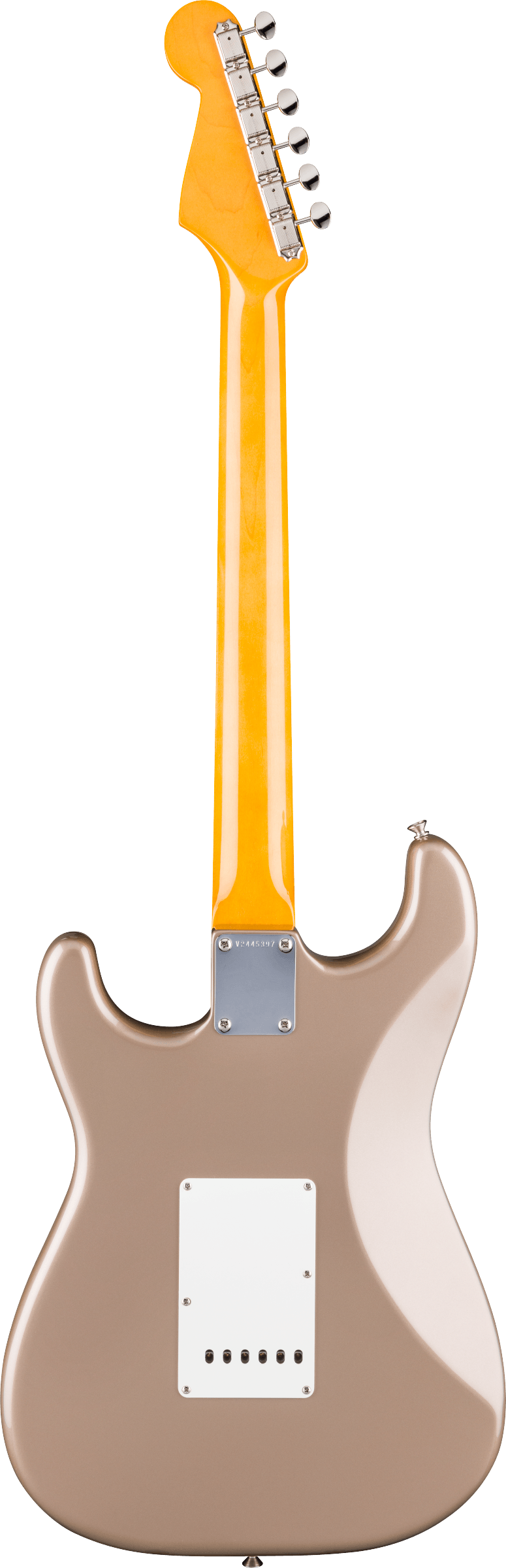 Back of Fender American Vintage II 1965 Stratocaster Round-Lam RW Shoreline Gold.