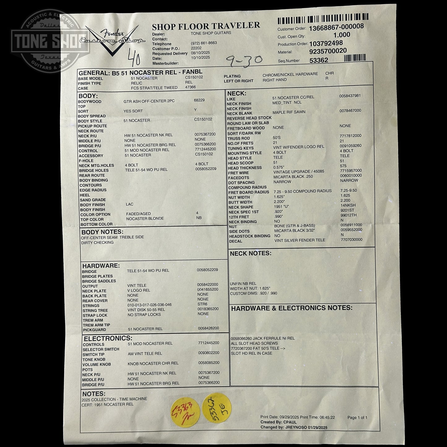Spec sheet for Fender Custom Shop 1951 Nocaster Relic Faded Aged Nocaster Blonde R143334.