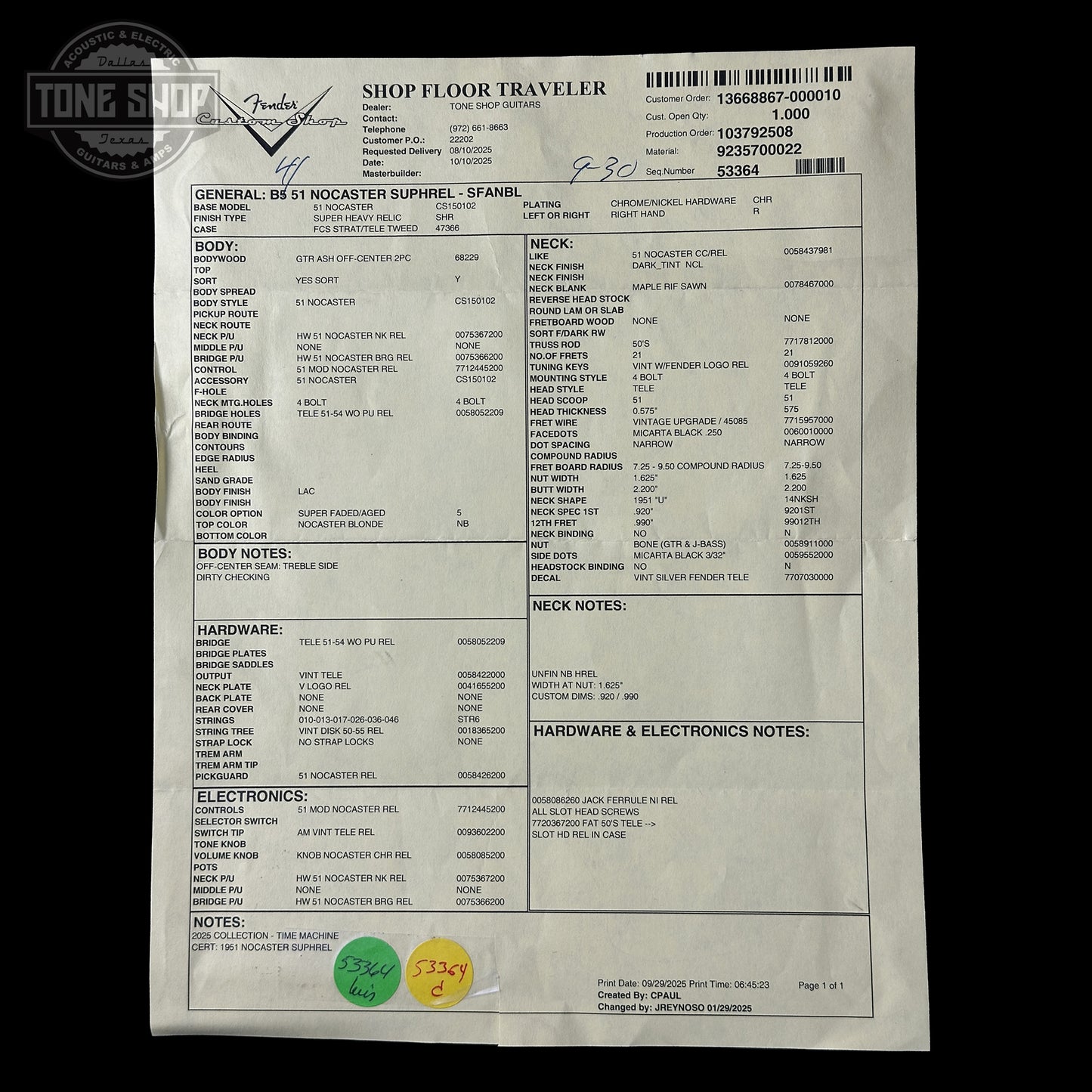 Spec sheet for Fender Custom Shop 1951 Nocaster Super Heavy Relic Super Faded Aged Nocaster Blonde.