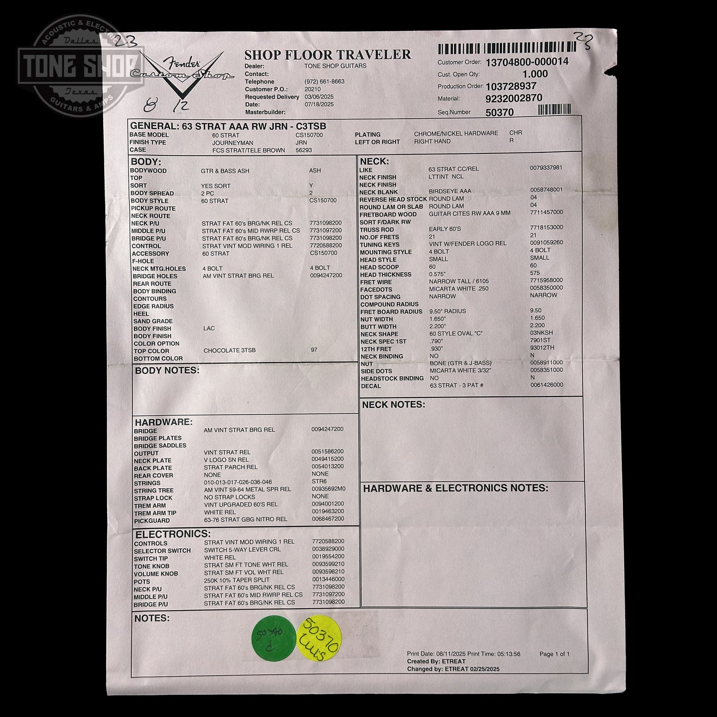 Spec sheet for Fender Custom Shop 1963 Stratocaster Journeyman Relic Chocolate 3 Tone Sunburst AAA Maple Neck Fender Custom Shop 1963 Stratocaster Journeyman Relic Chocolate 3 Tone Sunburst AAA Maple Neck CZ588244.