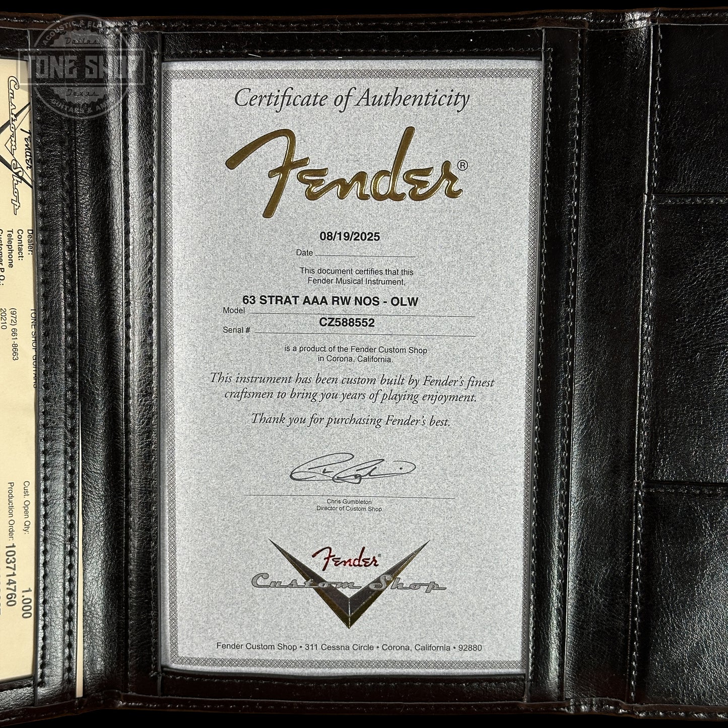 Certificate of Authenticity for Fender Custom Shop 1963 Stratocaster NOS Olympic White AAA Maple Neck.