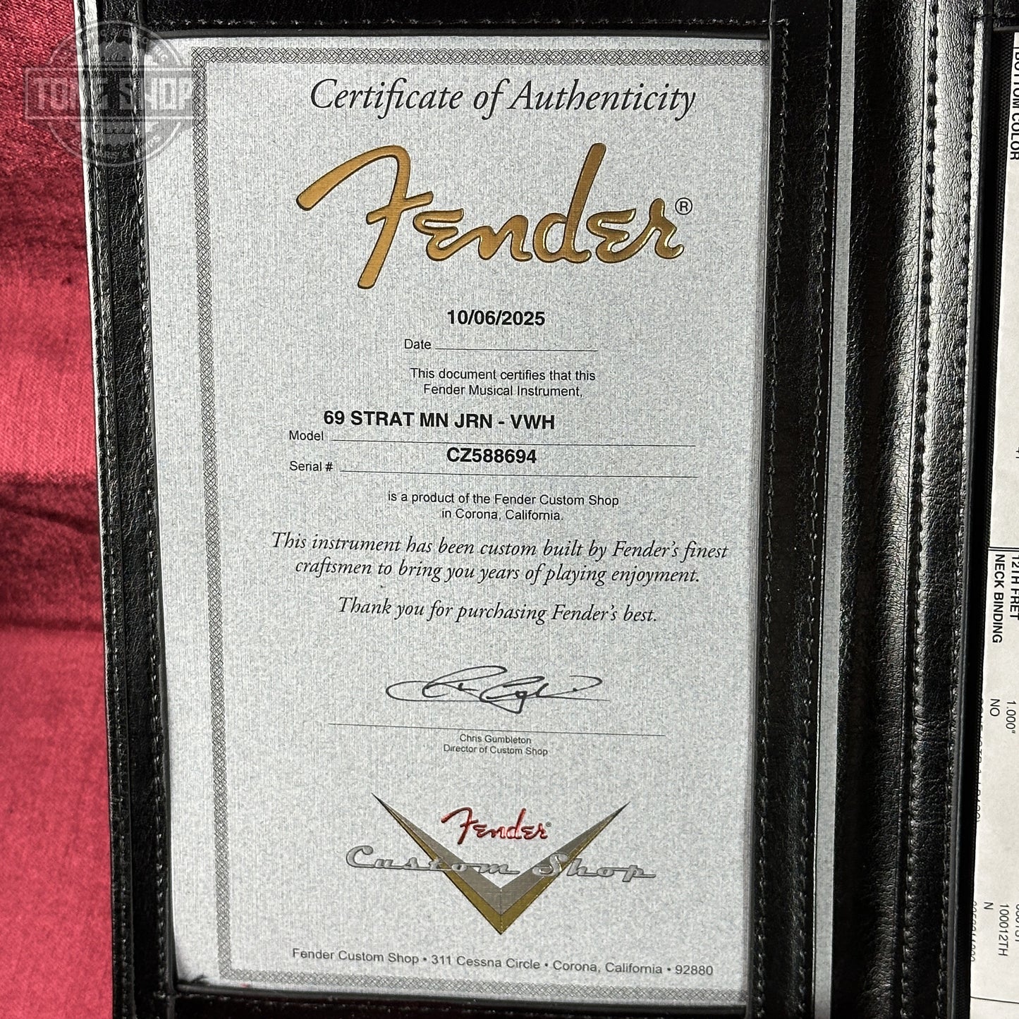 Certificate of Authenticity for Fender Custom Shop 1969 Stratocaster Journeyman Relic Vintage White CZ588694.
