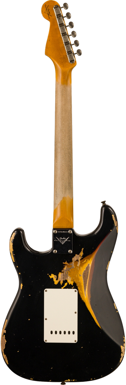 Back of Fender Custom Shop 2023 Collection '60 Strat Heavy Relic Aged Black Over 3 Color Sunburst.