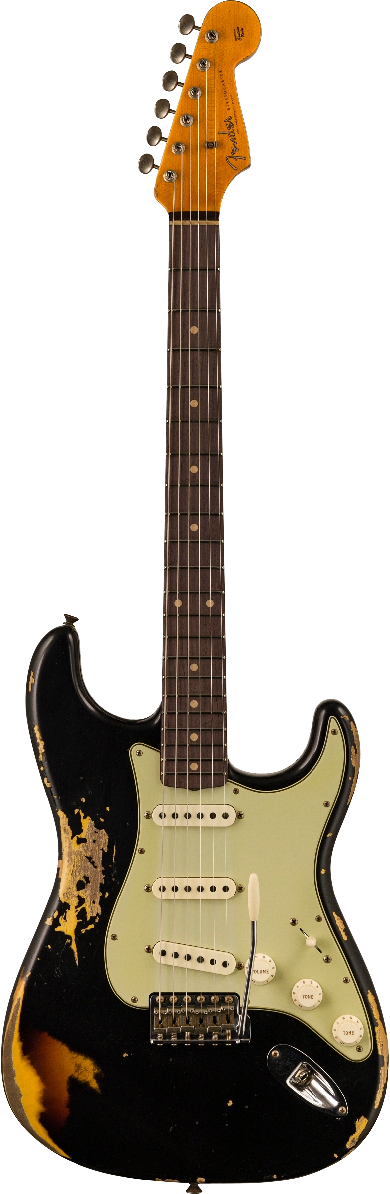 Full frontal of Fender Custom Shop 2023 Collection '60 Strat Heavy Relic Aged Black Over 3 Color Sunburst.