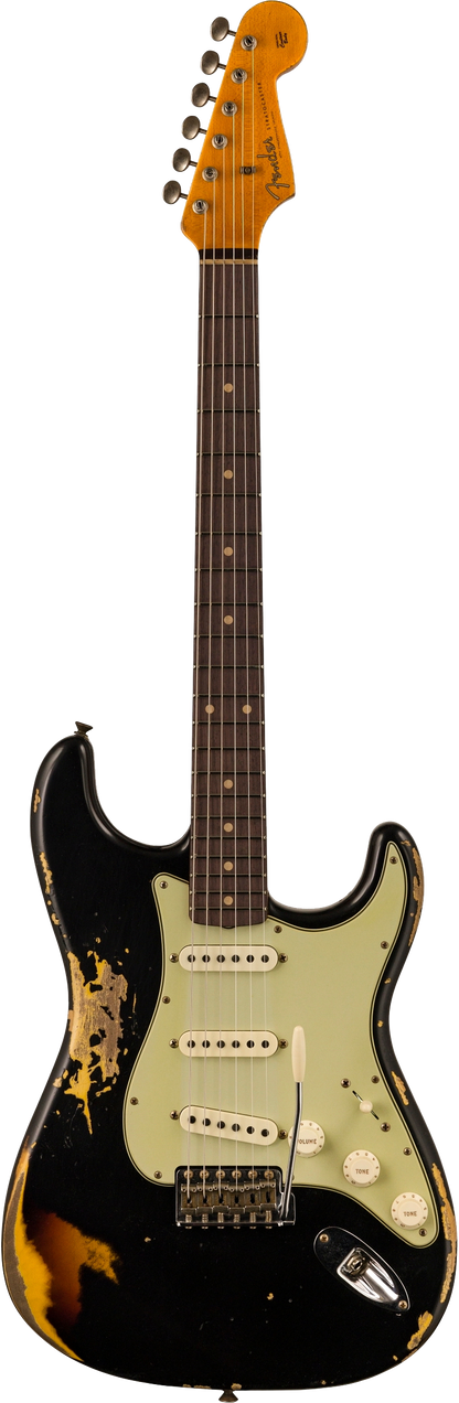 Full frontal of Fender Custom Shop 2023 Collection '60 Strat Heavy Relic Aged Black Over 3 Color Sunburst.