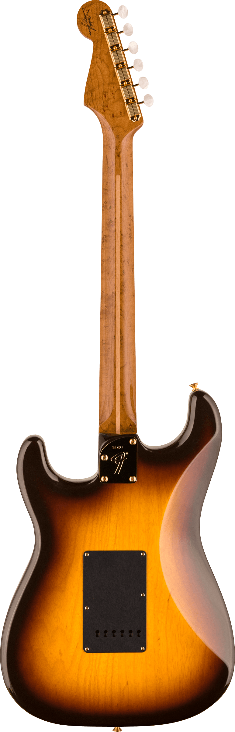 Back of Fender Custom Shop American Custom Strat MN NOS Wide Fade Chocolate 2 Color Sunburst.