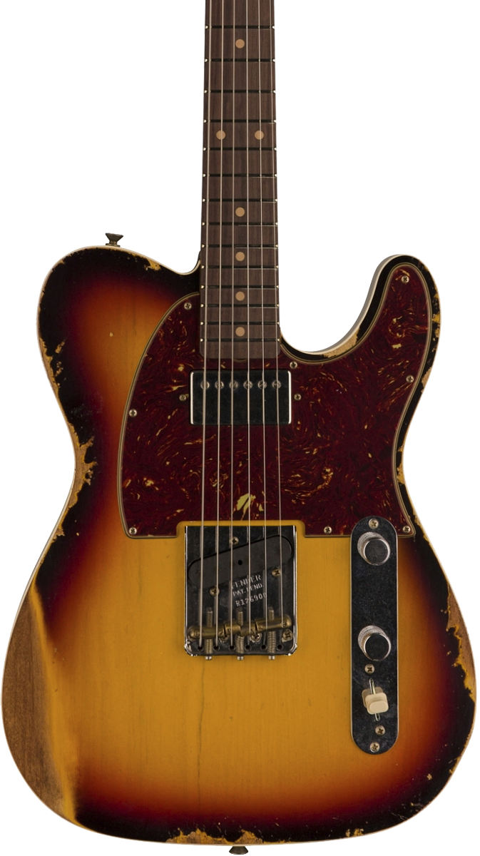 Front of Fender Custom Shop Limited Edition Reverse '60 Tele Custom Heavy Relic 3 Color Sunburst.