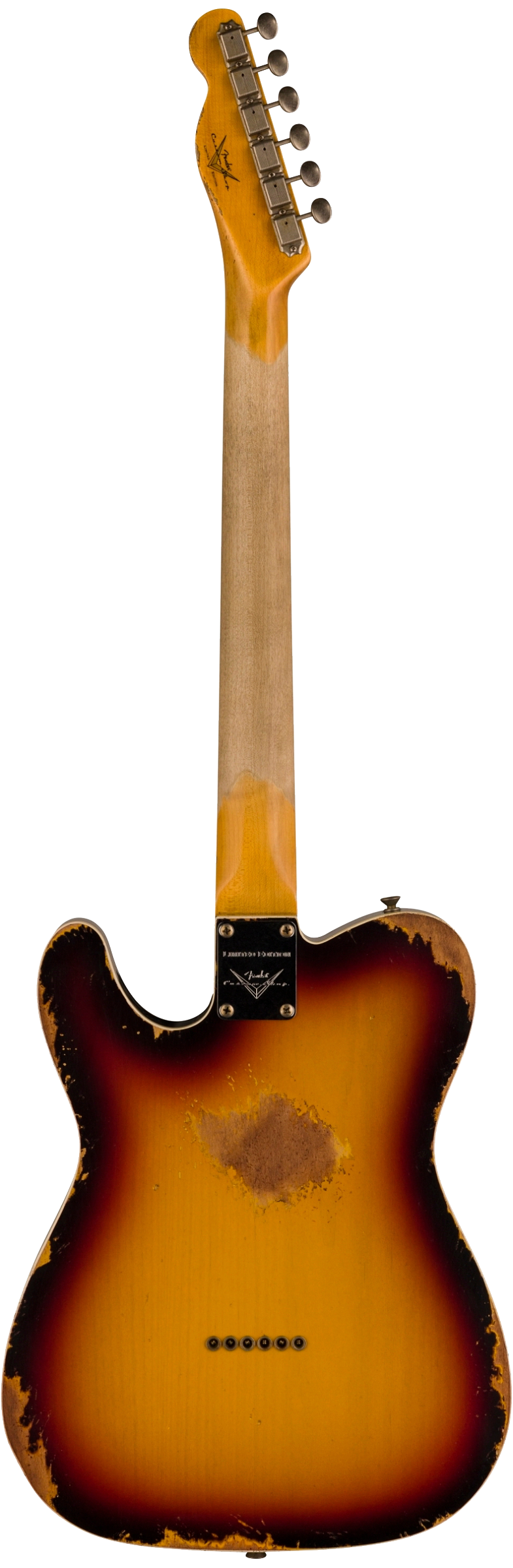Back of Fender Custom Shop Limited Edition Reverse '60 Tele Custom Heavy Relic 3 Color Sunburst.