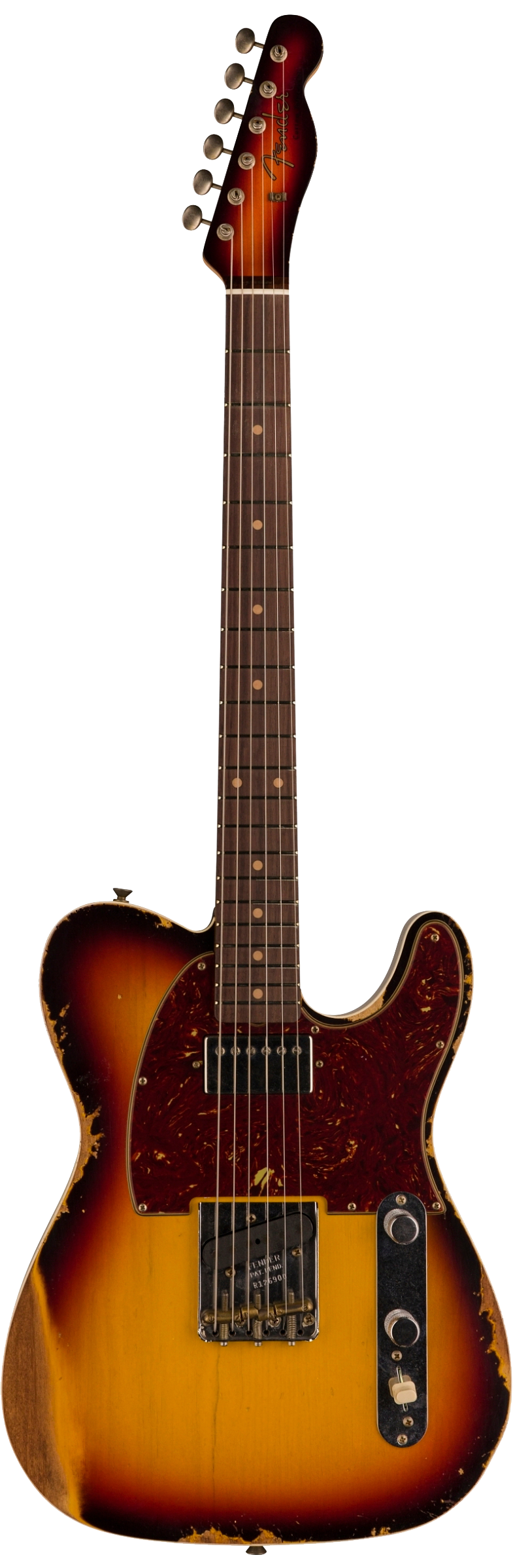 Full frontal of Fender Custom Shop Limited Edition Reverse '60 Tele Custom Heavy Relic 3 Color Sunburst.