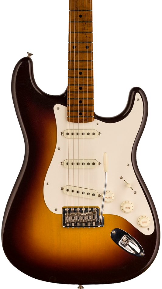 Front of Fender Custom Shop Limited Edition Roasted '50S Strat DLX Closet Classic Aged Wide Fade Chocolate 2 Color Sunburst.