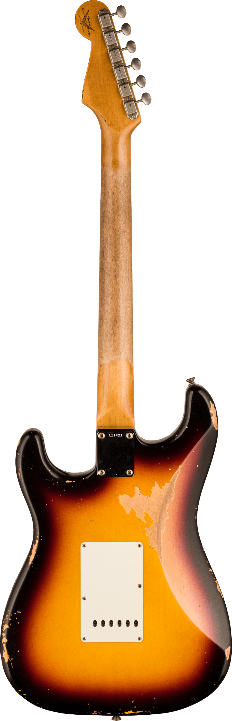 Back of Fender Custom Shop Limited Edition '64 L Series Strat Heavy Relic Target 3 Color Sunburst.