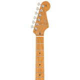 Headstock of Fender Limited Edition American Professional Classic Stratocaster Roasted Maple Daphne Blue.