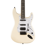 Front of Fender Limited Edition Player Fusion Stratocaster HSS Ebony Olympic Pearl.
