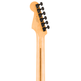 Back of headstock of Fender Limited Edition Player Fusion Stratocaster HSS Ebony Olympic Pearl.
