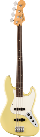Full frontal of Fender Player II Jazz Bass Rosewood Fingerboard Hialeah Yellow.