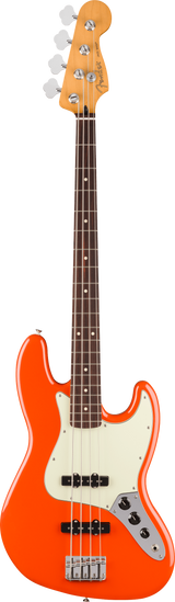 Full frontal of Fender Player II Jazz Bass Rosewood Rallye Orange.