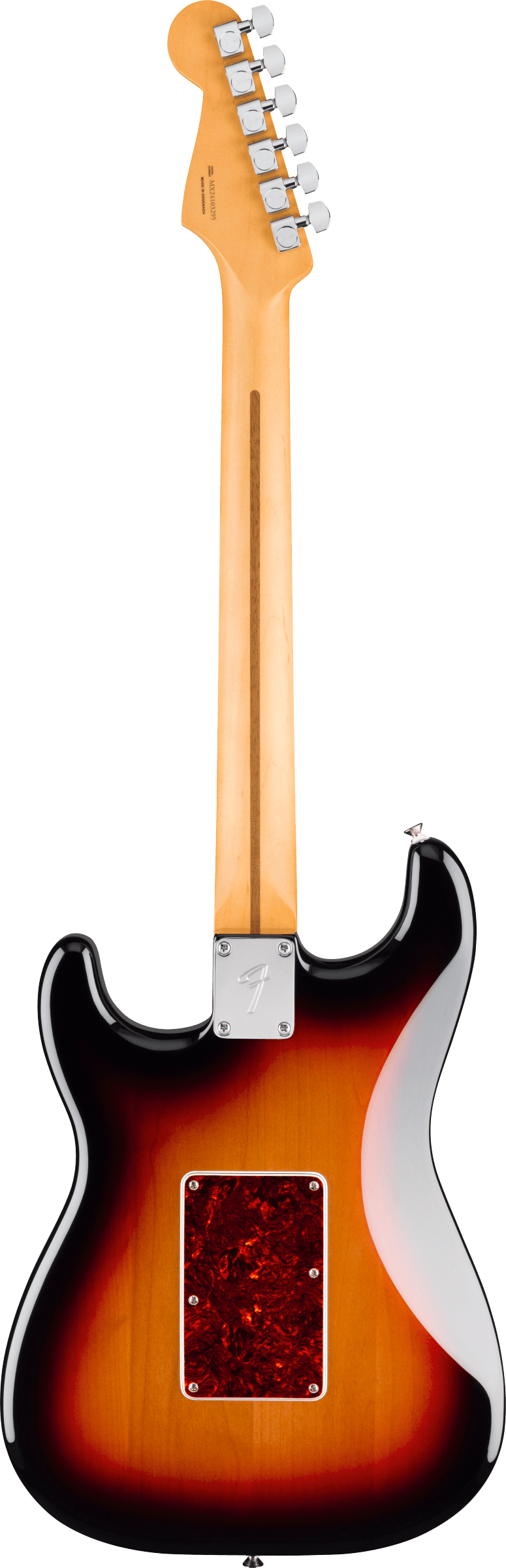 Back of Fender Player II Modified Stratocaster HSS Floyd Rose RW 3 Tone Sunburst.