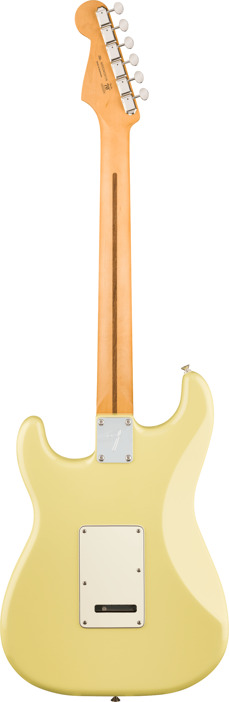 Back of Fender Player II Stratocaster HSS Maple Fingerboard Hialeah Yellow.