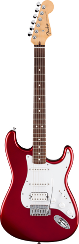 Full frontal of Fender Standard Stratocaster HSS Laurel White Pickguard Candy Cola.