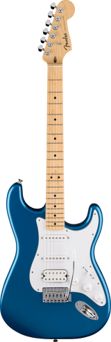 Full frontal of Fender Standard Stratocaster HSS MP White Pickguard Aqua Marine Metallic.