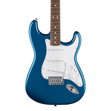 Front of Fender Standard Stratocaster Laurel White Pickguard Aqua Marine Metallic.