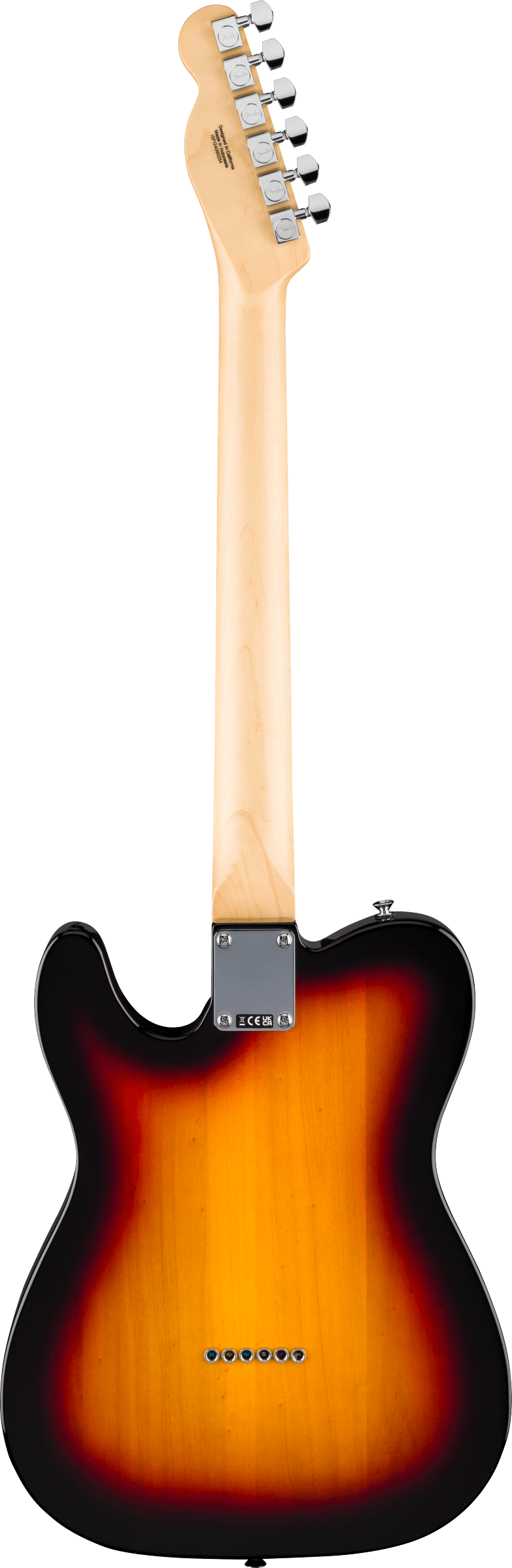 Back of Fender Standard Telecaster Laurel White Pickguard 3-Color Sunburst.