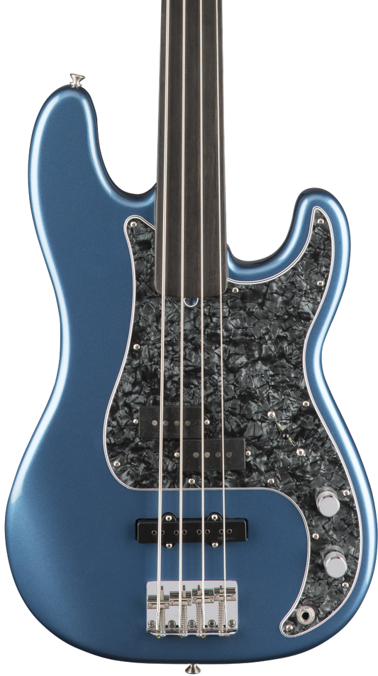 Front of Fender Tony Franklin Fretless Precision Bass Ebony Fingerboard Lake Placid Blue.