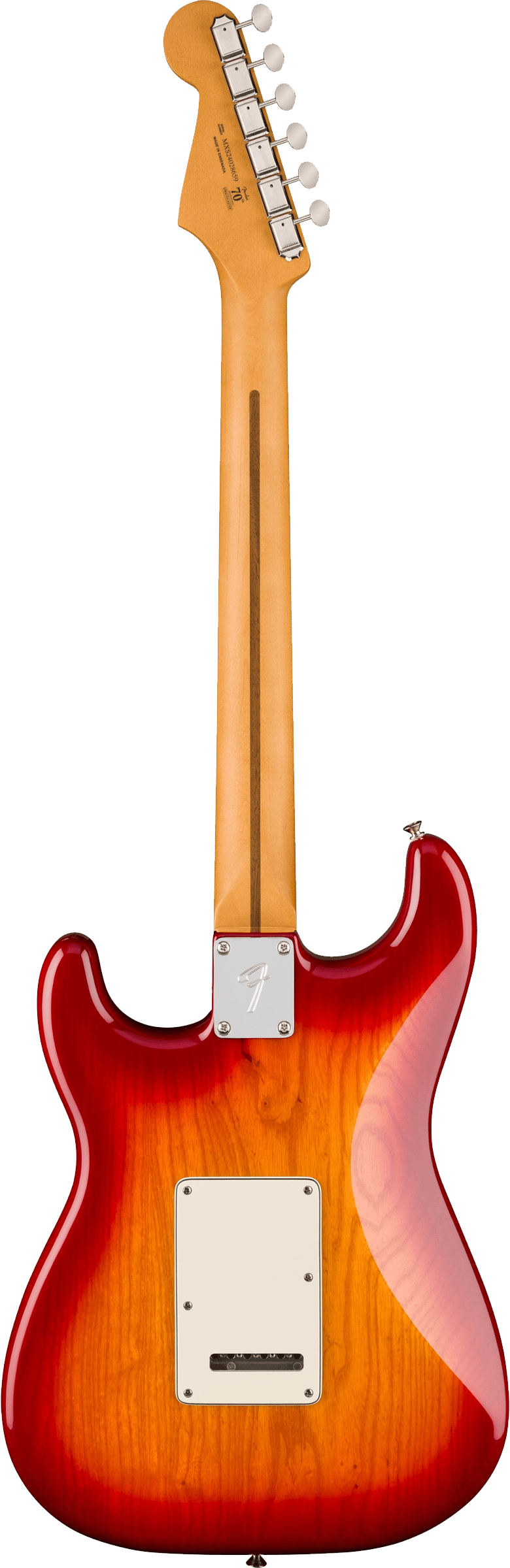 Back of Fender Player II Stratocaster Maple Fingerboard Aged Cherry Burst.