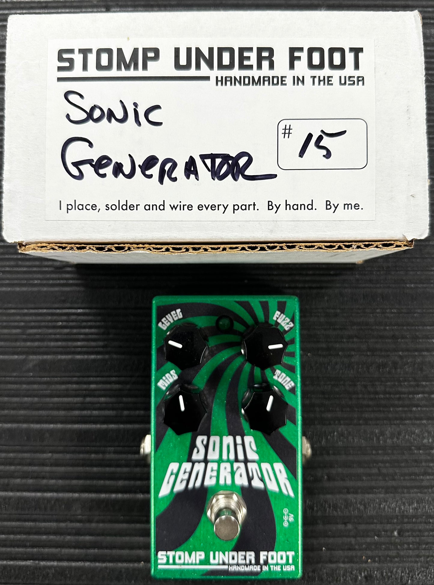 Top view with box of Used Stomp Under Foot Sonic Generator Fuzz Pedal w/Box