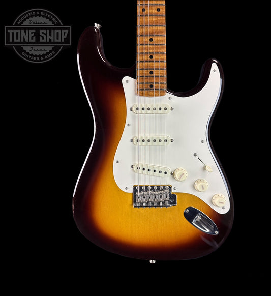 Front of Fender Custom Shop Limited Edition Roasted 50S Strat DLX Closet Classic Aged Wide Fade Chocolate 2 Color Sunburst.