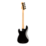 A black Fender Fusion P-Bass electric bass guitar rear view in glossy black with a natural maple neck and four black tuning pegs, isolated on a white background.