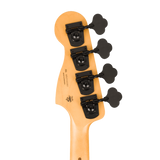 Close-up of the headstock of a A black Fender Fusion P-Bass electric bass guitar , showing the maple wood backplate, four black tuning machines, and four black clover-shaped tuning keys on a white background.