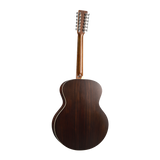 The back view of A Martin Grand J-16E 12 String acoustic guitar with a dark brown wood finish and silver tuning pegs, isolated on a white background.