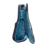 An open guitar or instrument gig bag with a plush teal blue velvet interior and dark gray exterior padding, shown on a plain white background.